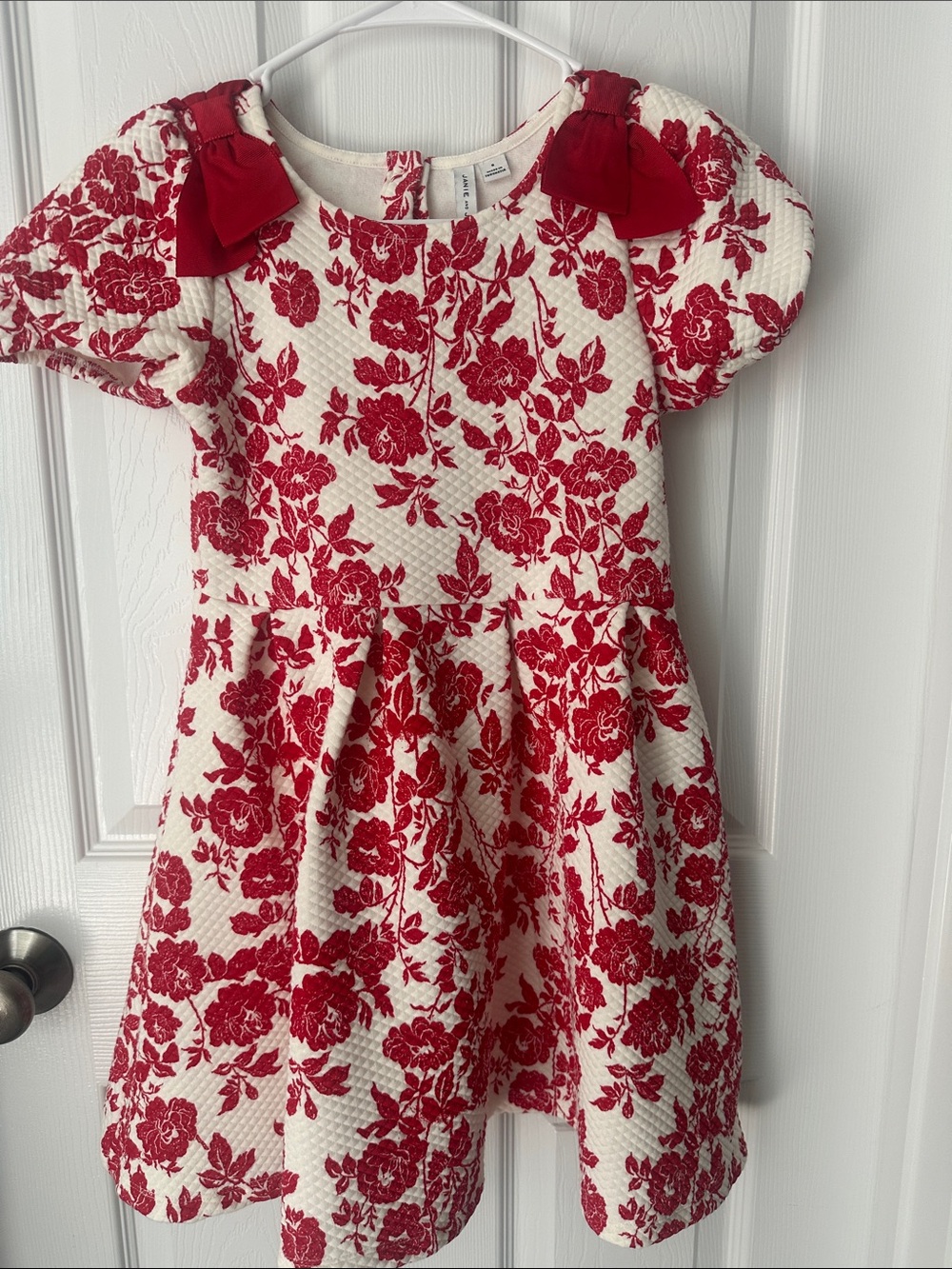 Janie and Jack Cream Dress with Red Floral Print and Shoulder Bows